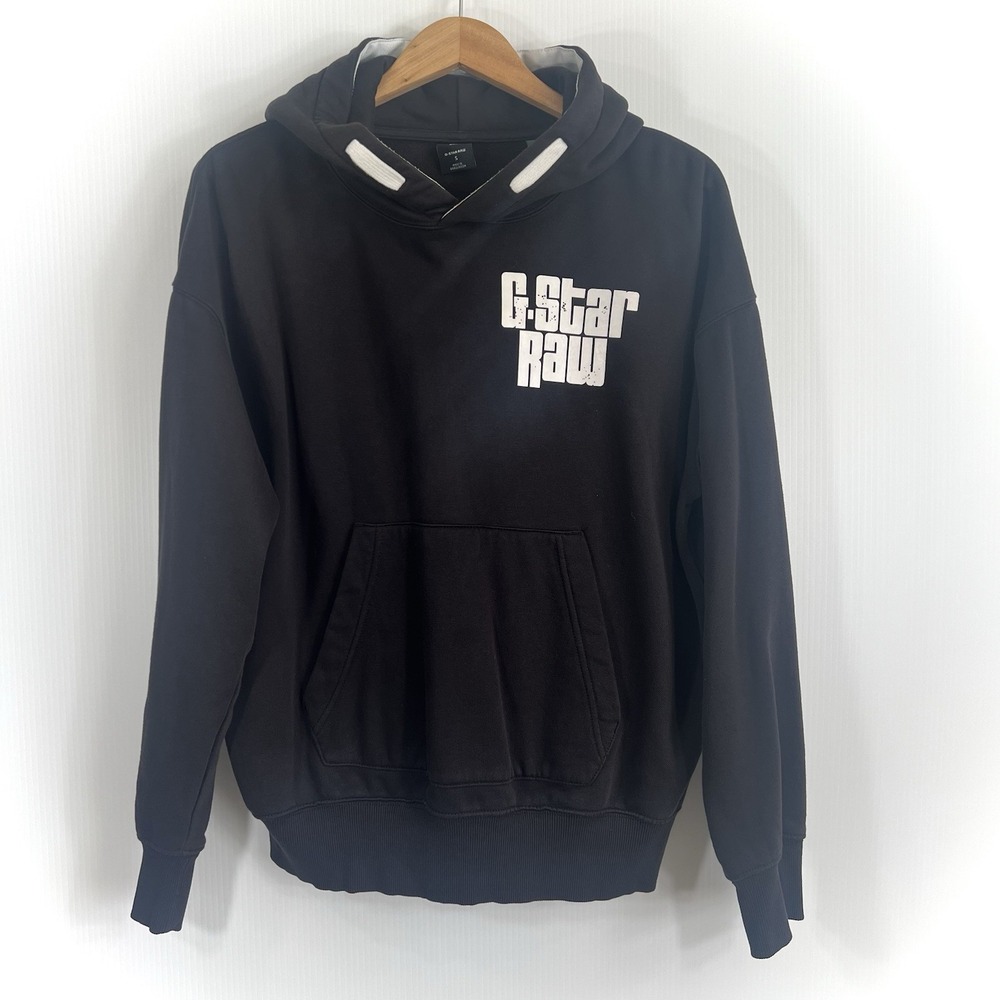 G-Star RAW Radio Chest Hoodie Unisex Size Small Black Graphic Logo Fleece